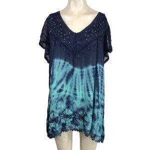 SAKKAS- WOMEN'S PLUS SIZE - NAVAY TIE DYE BEADED V NECK RAYON BOHO TOP SHIRT